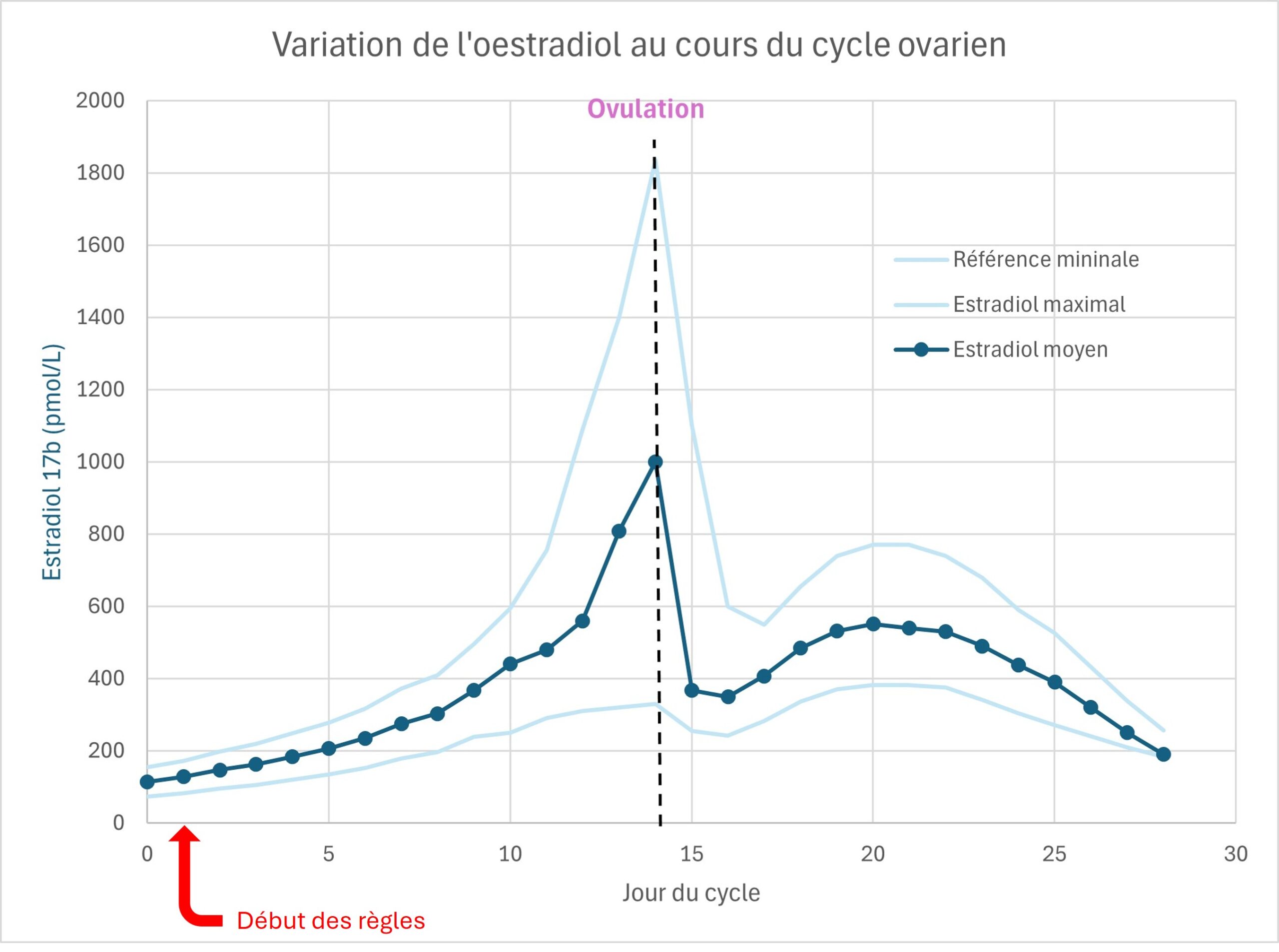 2. Adapté de Stricker R, Eberhart R, Chevailler MC, Quinn FA, Bischof P, Stricker R. Establishment of detailed reference values for luteinizing hormone, follicle stimulating hormone, estradiol, and progesterone during different phases of the menstrual cycle on the Abbott ARCHITECT analyzer. Clin Chem Lab Med. 2006;44(7):883-7. doi: 10.1515/CCLM.2006.160.